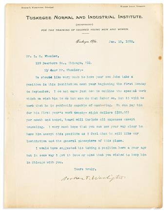 (EDUCATION.) Booker T. Washington. Group of letters regarding the employment of a young instructor at Tuskegee Institute.